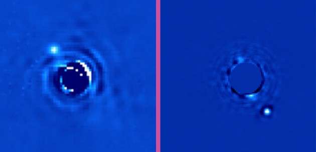 La planète Beta Pictoris b, photographiée à dix ans d’intervalle, par le Very Large Telescope européen, en 2003, à gauche, et par le télescope Gemini South, en 2013, à droite. En une décennie, la planète a parcouru la moitié de son orbite autour de l’étoile Beta Pictoris, cachée par un masque focal. La planète, environ huit fois plus massive que Jupiter et portée à une température d’environ 1200 °C, est beaucoup plus lumineuse que les planètes du système solaire. Photos A.M Lagrange/Naco/VLT/ESO et GPI/Gemini South.