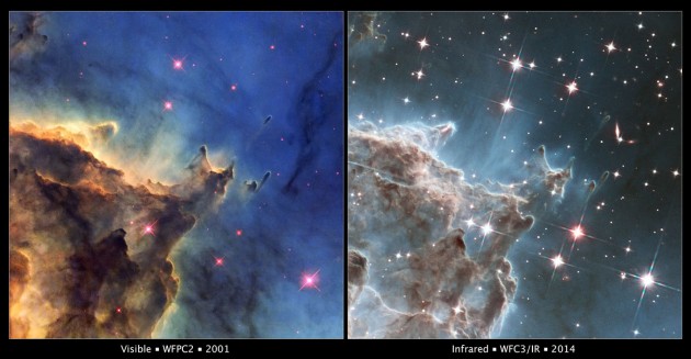La nébuleuse NGC 2174 a été photographiée par le télescope spatial Hubble, en lumière visible, en 2001, à gauche. En 2014, la nébuleuse a été de nouveau photographiée par Hubble, dans le rayonnement infrarouge. Photos Nasa/ESA/STSCI.