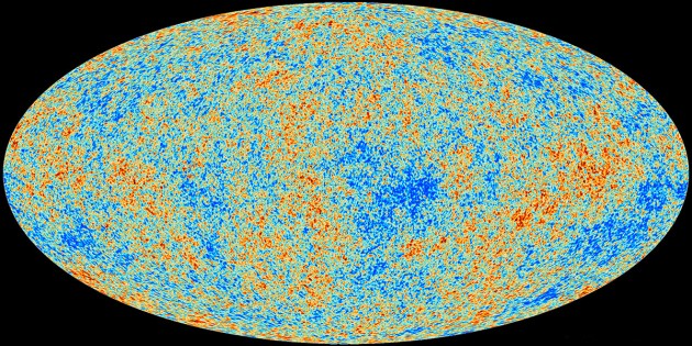 Voici l’Univers tel qu’il existait voilà près de 13,8 milliards d’années, et 380 000 ans seulement après le big bang. Cette image, prise par le satellite européen Planck, est en réalité une carte de température du rayonnement de fond cosmologique observé aujourd’hui. Les différences de couleurs trahissent d’infimes différences de température du plasma brûlant qu’était, à l’époque, le cosmos entier… Photo ESA.