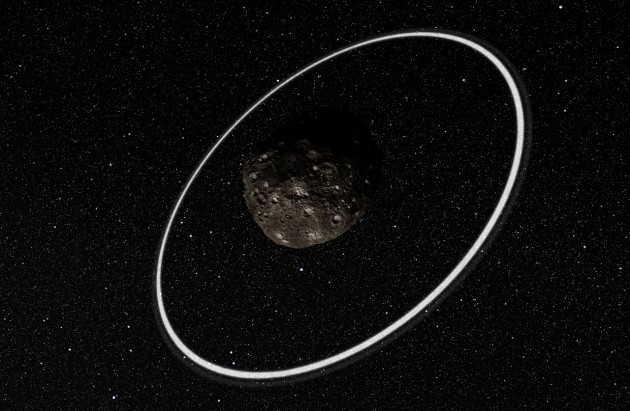 Les minuscules anneaux de Chariklo ne mesurent que 800 kilomètres de diamètre. Illustration ESO/L. Calçada/M. Kornmesser/Nick Risinger.